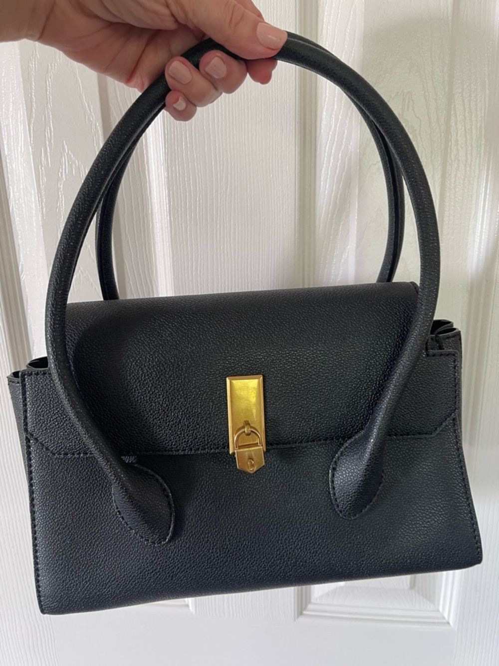 Charles & Keith Black Leather Top-Handle Satchel with Gold Lock